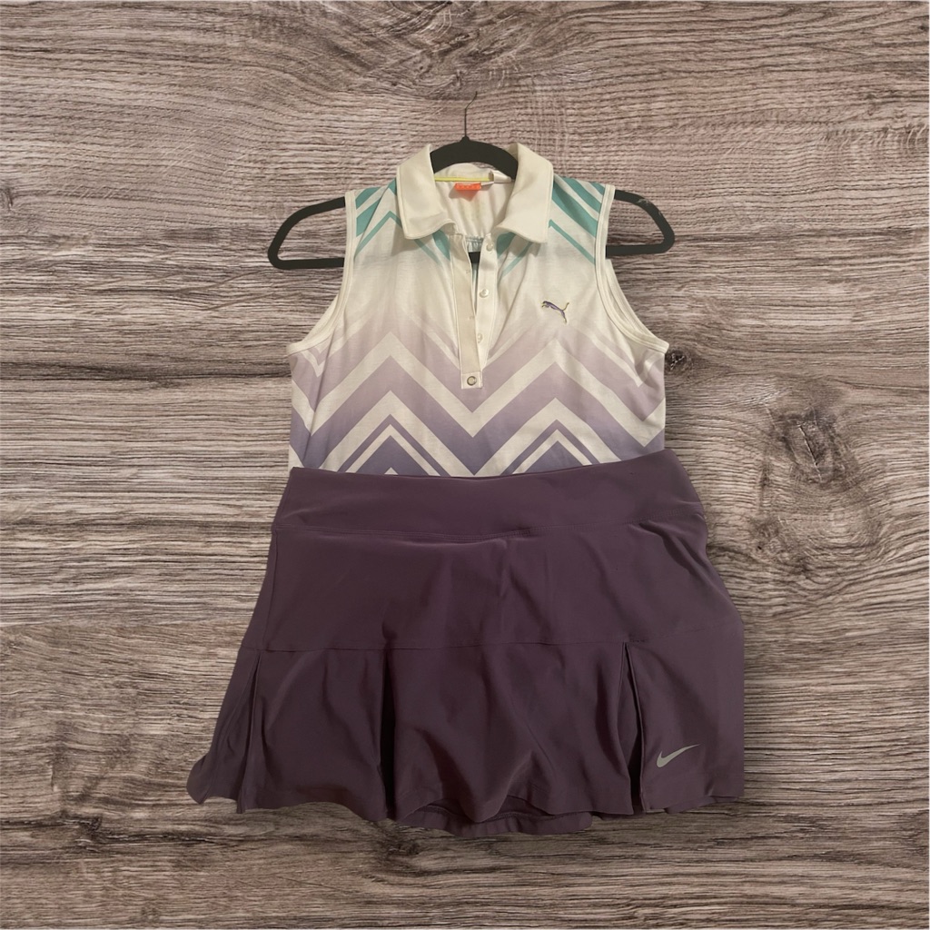 Puma Purple And White Chevron Shirt With Nike Dri-Fit Skort.